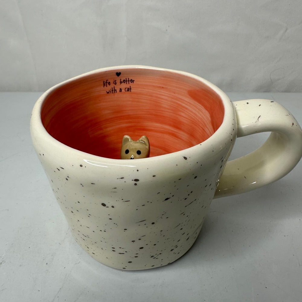 Natural Life Life Is Better With A Cat Hidden Figurine Mug Speckled Orange 16oz
